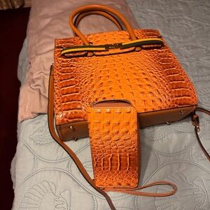 Orange Crocodile Embossed Women's Bag Set